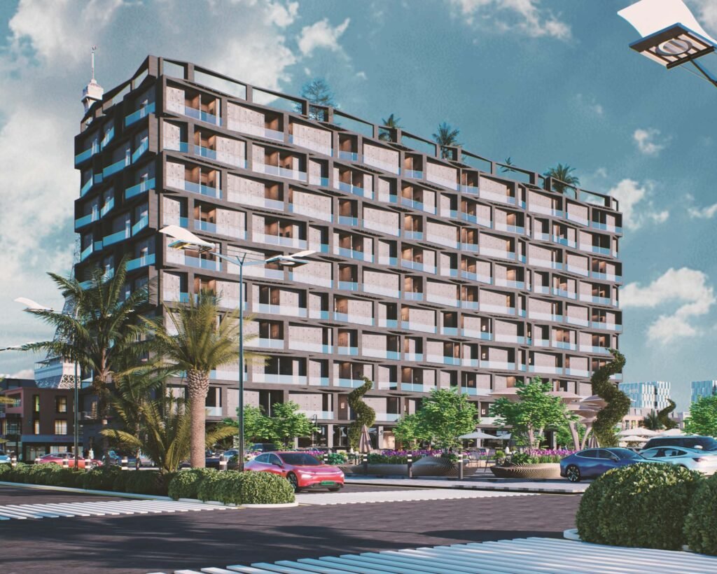 Exterior architectural 3D render of The Oasis Grand 14 in Bahria Town Lahore, showing a modern multi-story mixed-use building with luxury balconies and retail spaces at street level.