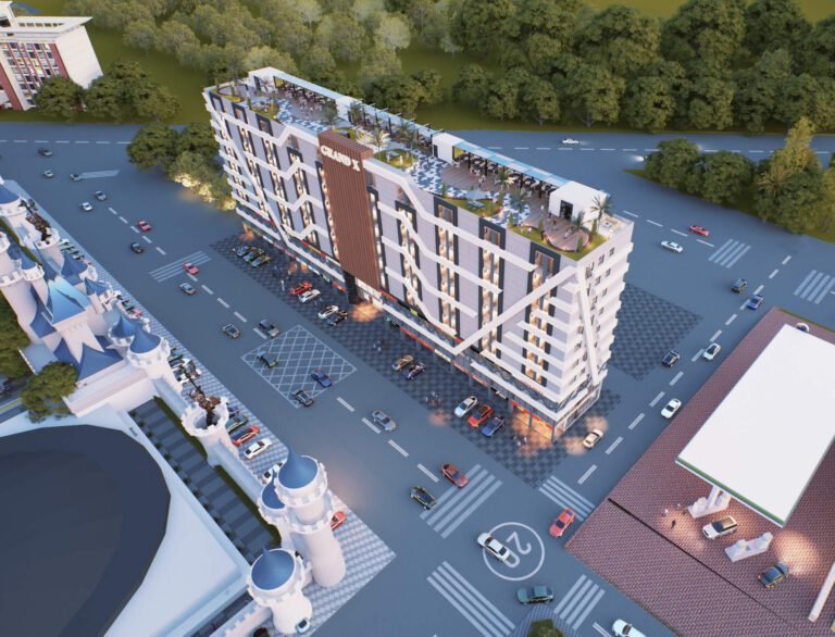 Top-down architectural render of Grand X Bahria Town highlighting the 10-story structure.