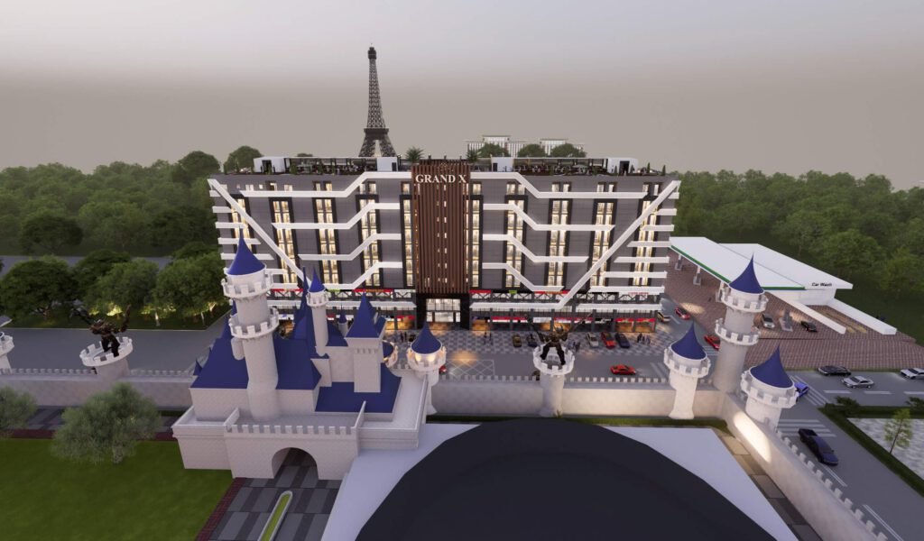 Wide angle view of Grand X in Sector E Bahria Town with the Eiffel Tower in the background.